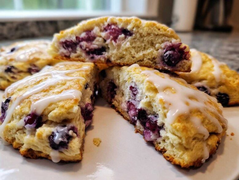 Close-up of fluffy blueberry scones, cut open to show the fruit filling and drizzled with white glaze.