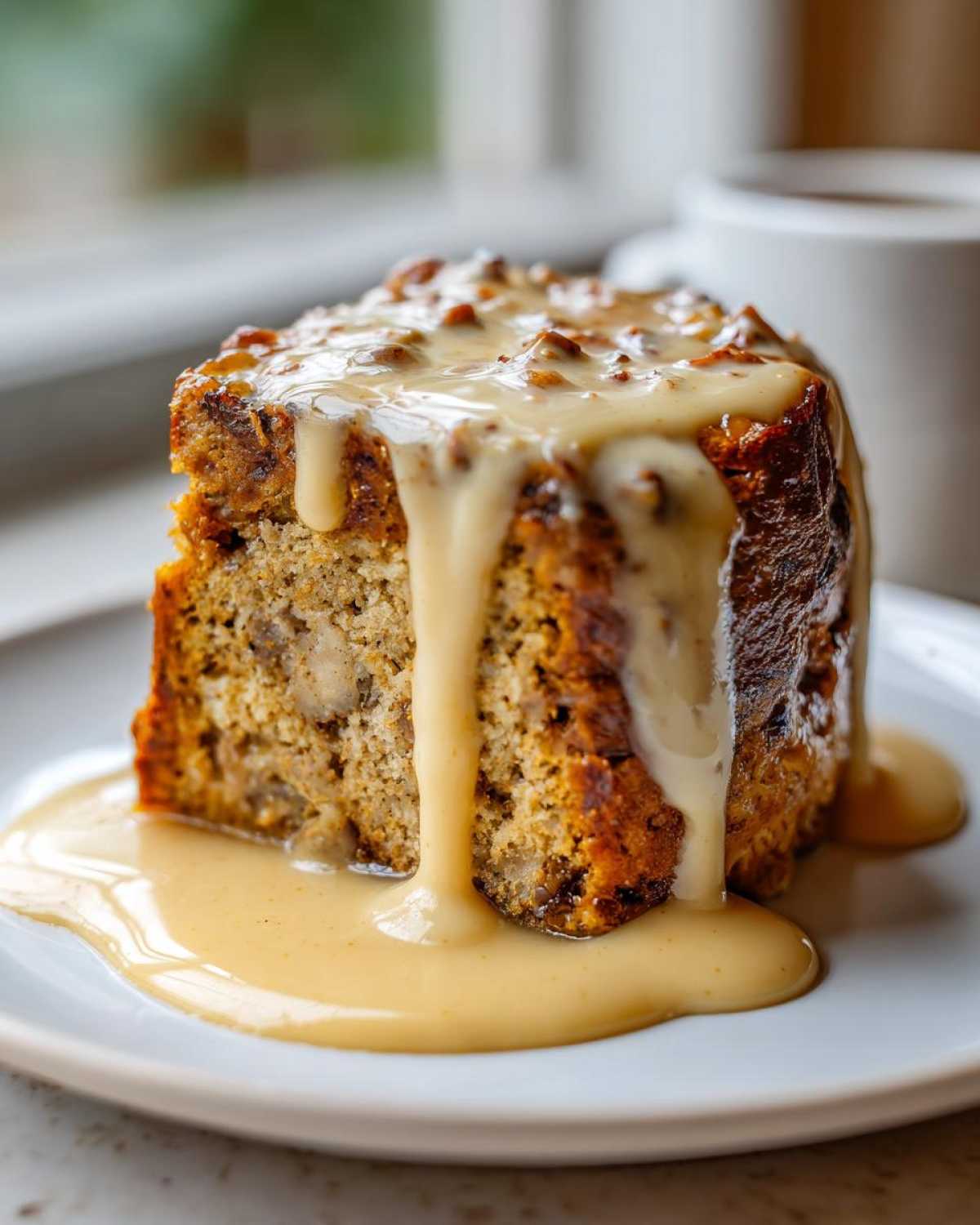 A close-up of a rich slice of bread pudding generously covered in a thick, creamy vanilla sauce.