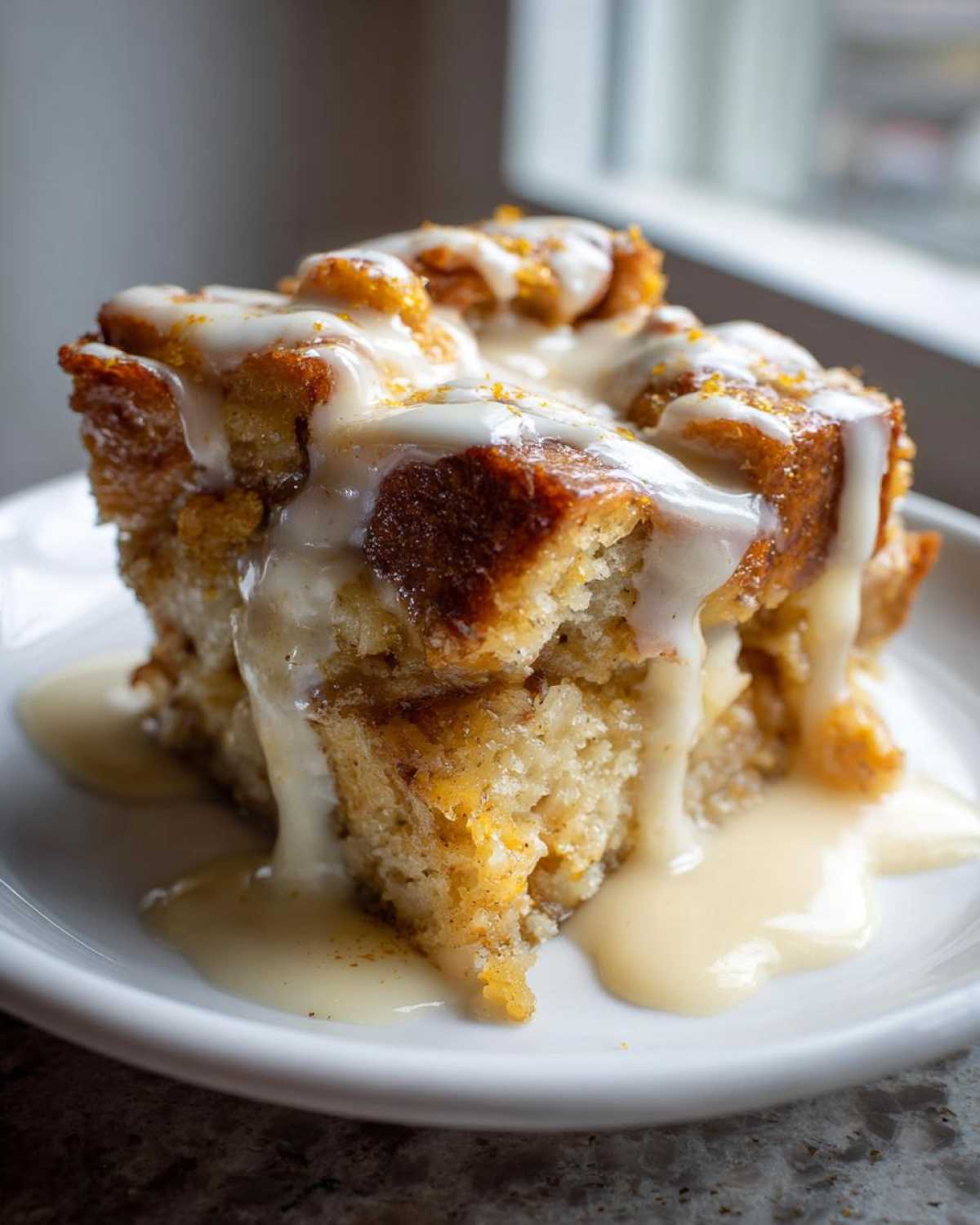 A rich, square slice of bread pudding topped with a thick vanilla glaze and orange zest.