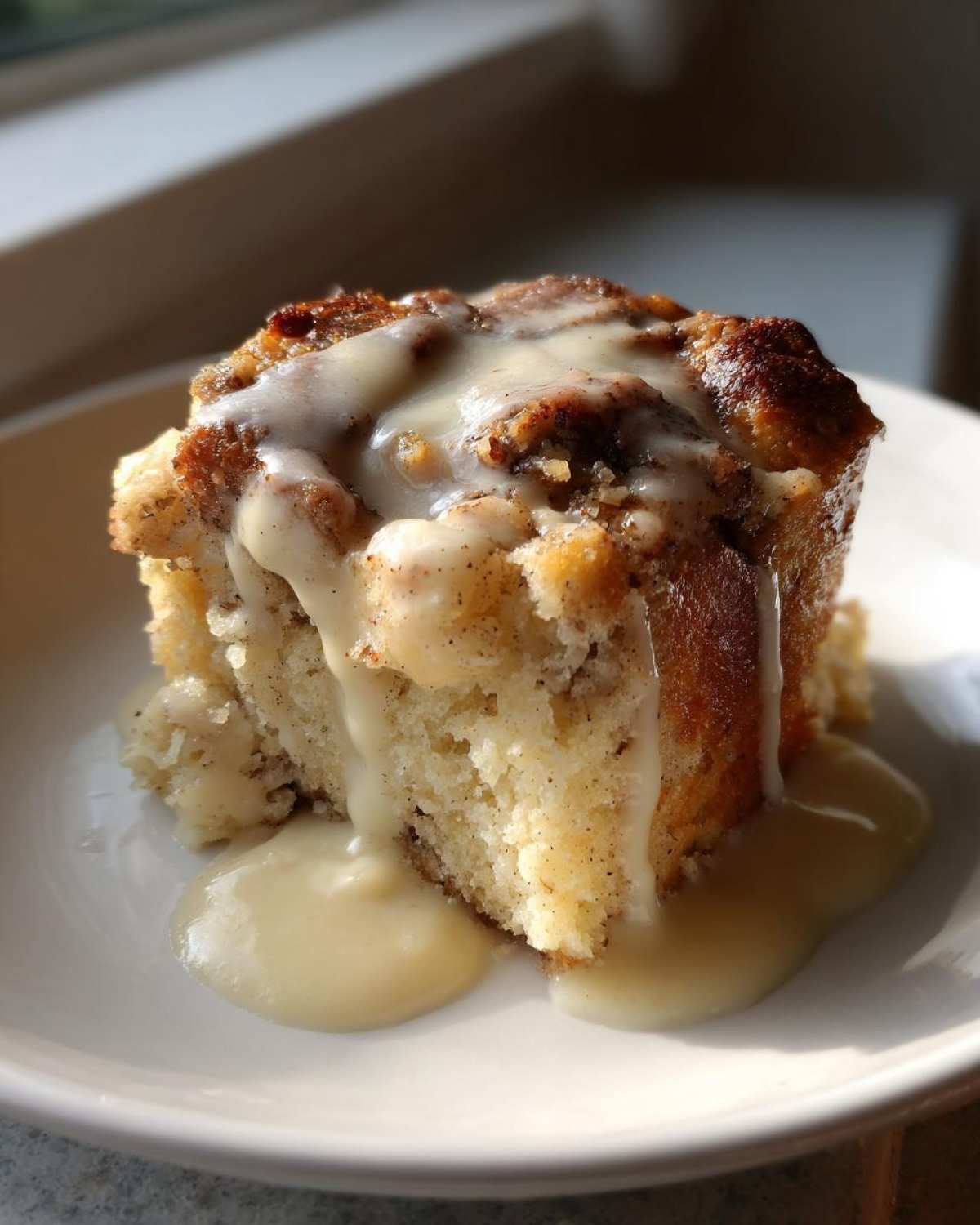 A close-up of a moist square of bread pudding topped with a thick vanilla glaze dripping down the sides.