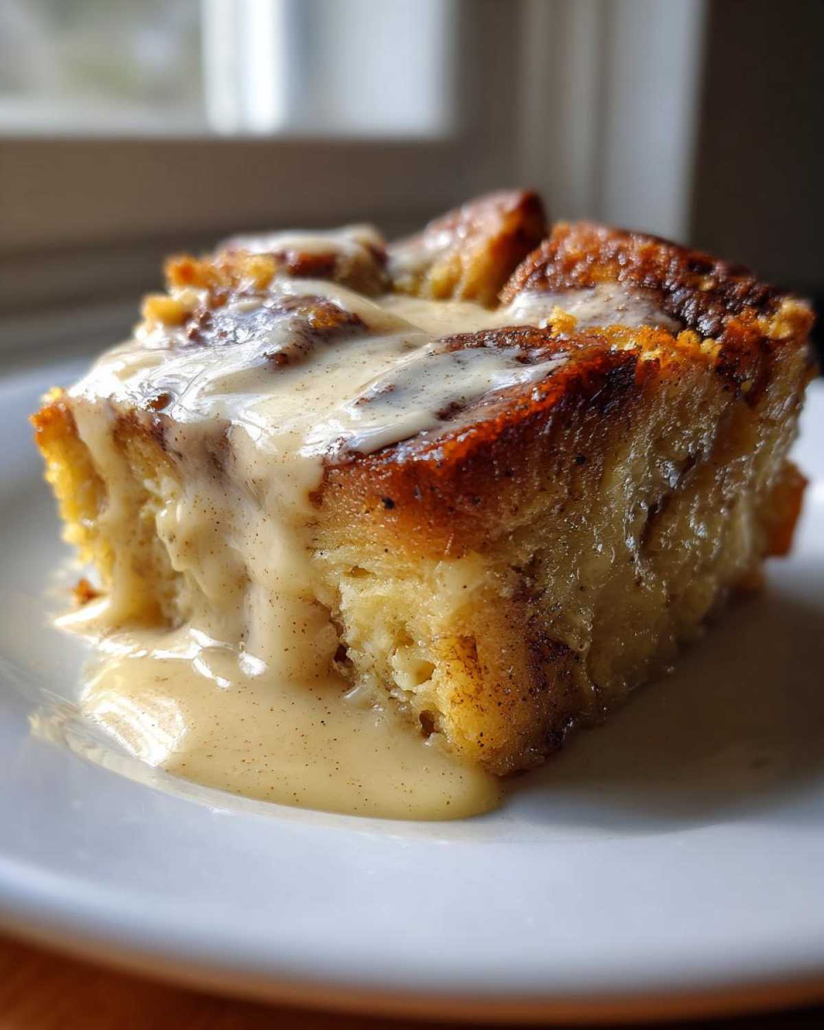 A close-up of a rich, golden slice of bread pudding topped generously with creamy vanilla bean sauce.