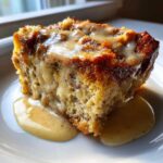 Close-up of a rich, golden slice of bread pudding topped with creamy vanilla sauce.