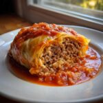 Close-up view showing the filling of one of the amazing cabbage rolls, revealing ground meat and rice wrapped in a tender cabbage leaf and covered in tomato sauce.