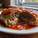 A close-up of two amazing cabbage rolls cut in half, showing the savory filling of ground meat and rice, smothered in rich tomato sauce.