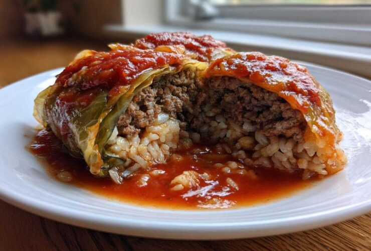 A close-up of two amazing cabbage rolls cut in half, showing the savory filling of ground meat and rice, smothered in rich tomato sauce.