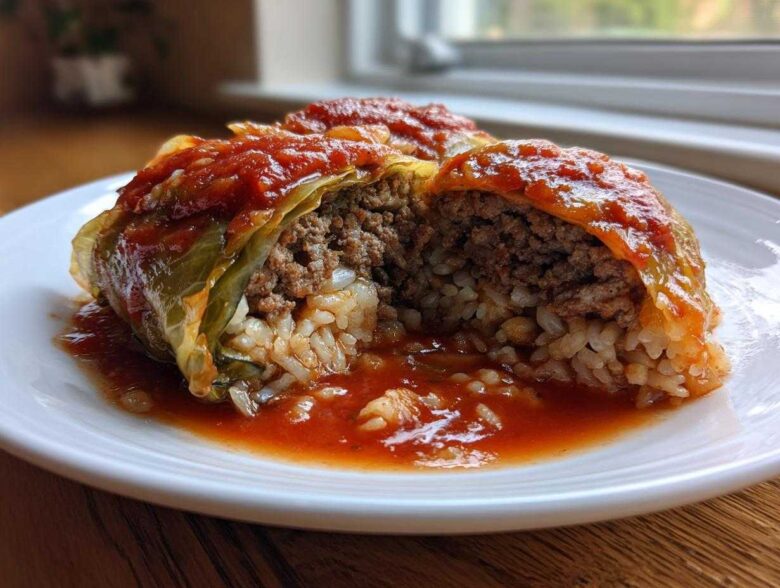 A close-up of two amazing cabbage rolls cut in half, showing the savory filling of ground meat and rice, smothered in rich tomato sauce.