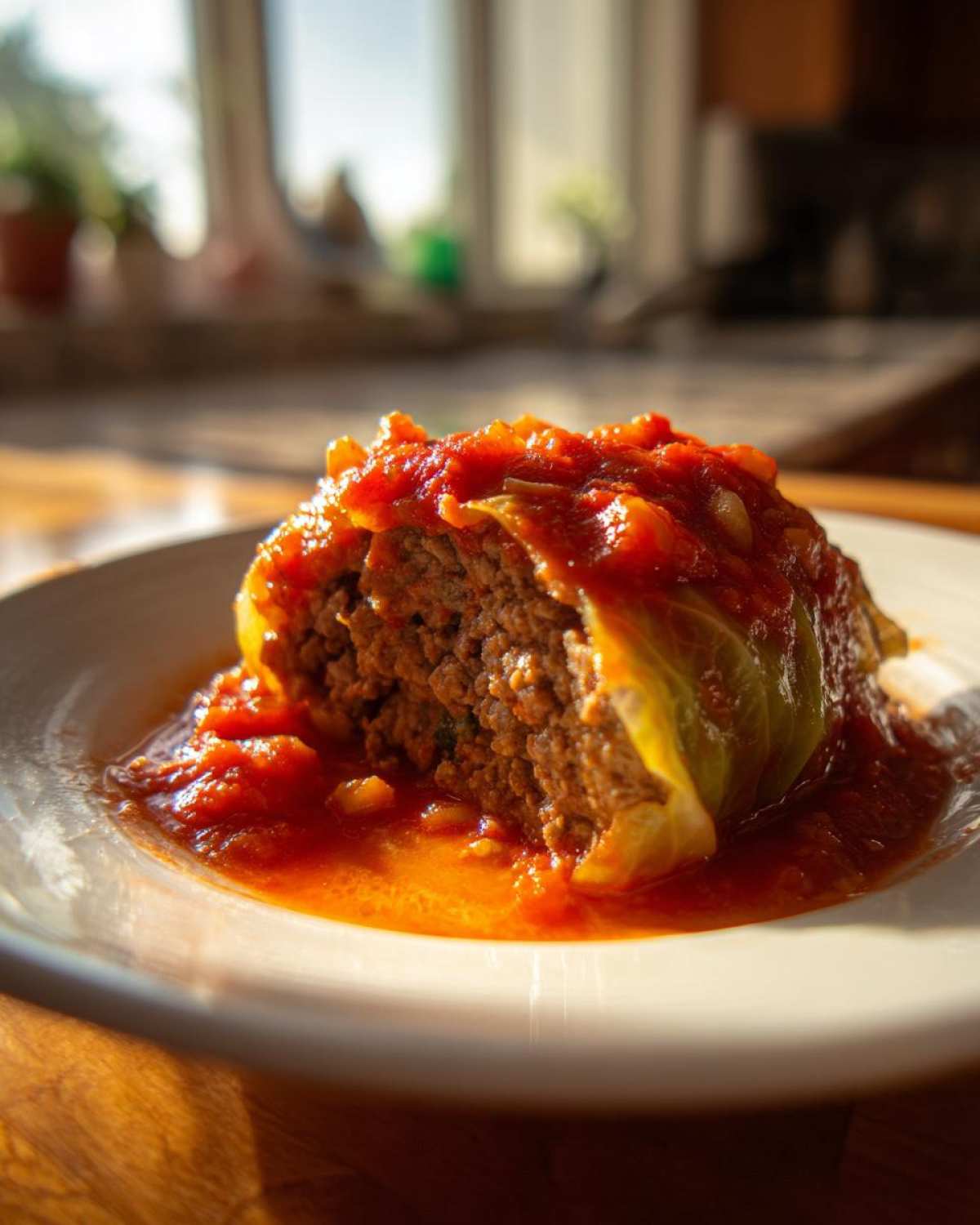 A single serving of homemade cabbage rolls, cut open to show the meat filling, topped with rich tomato sauce.