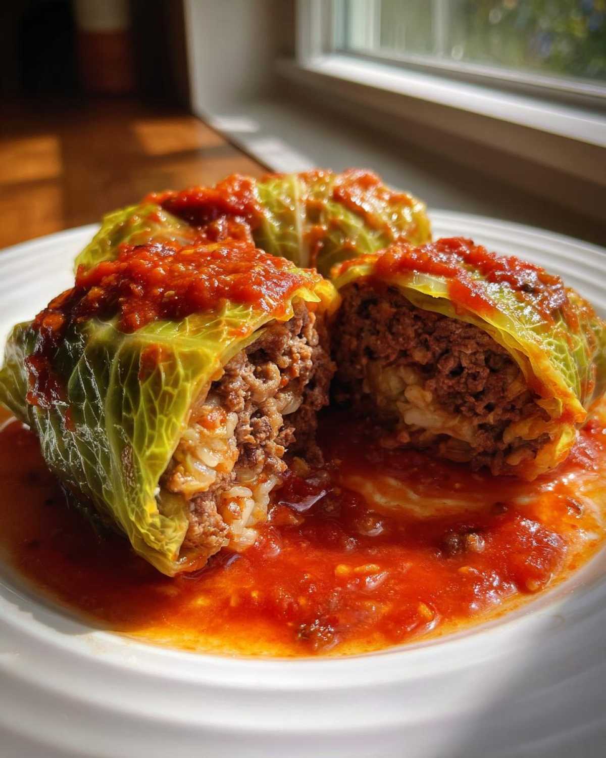 Three delicious cabbage rolls served on a white plate, one cut open to show the ground meat and rice filling, topped with rich tomato sauce.