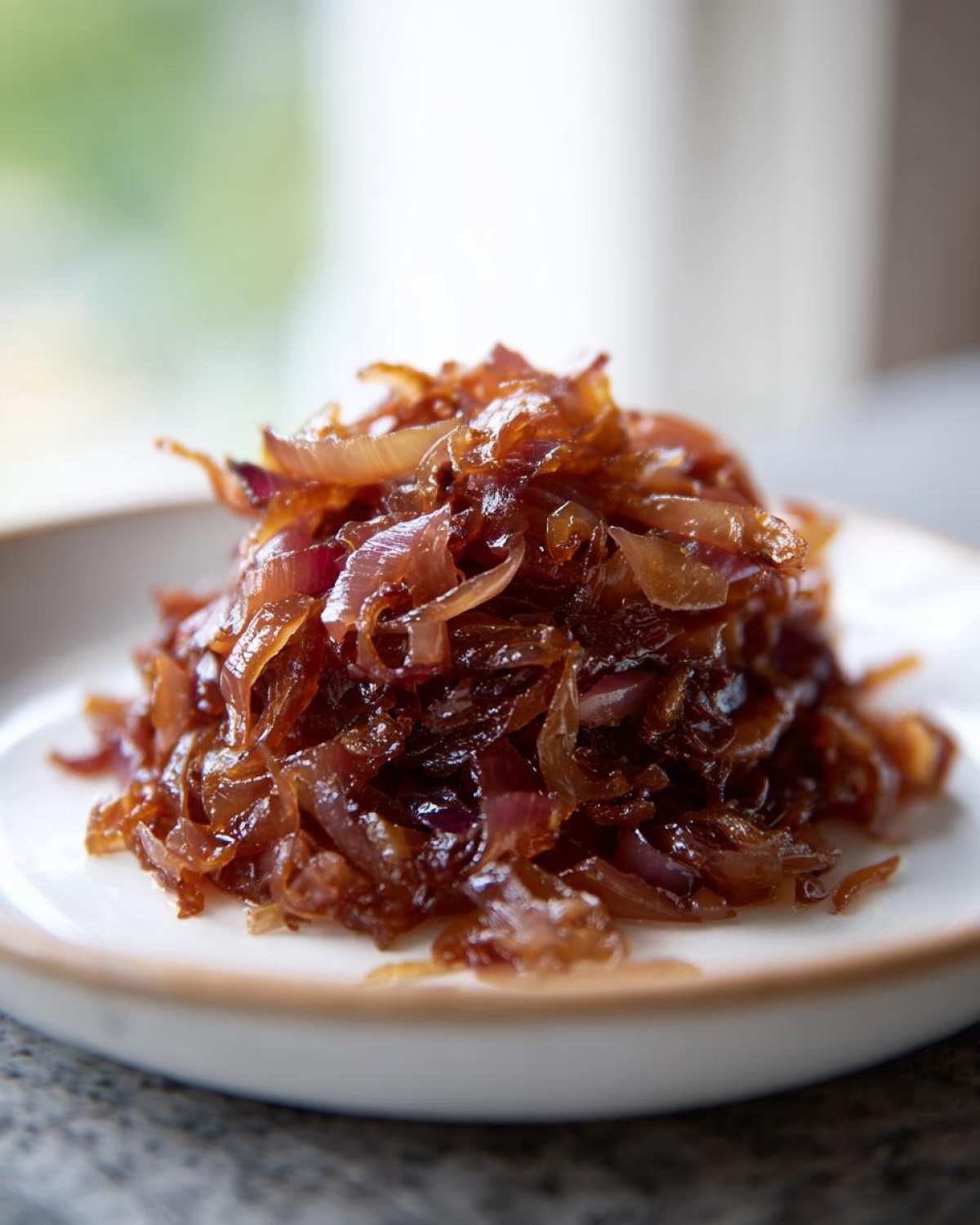A close-up of a mound of rich, dark caramelized onions served on a small white plate.