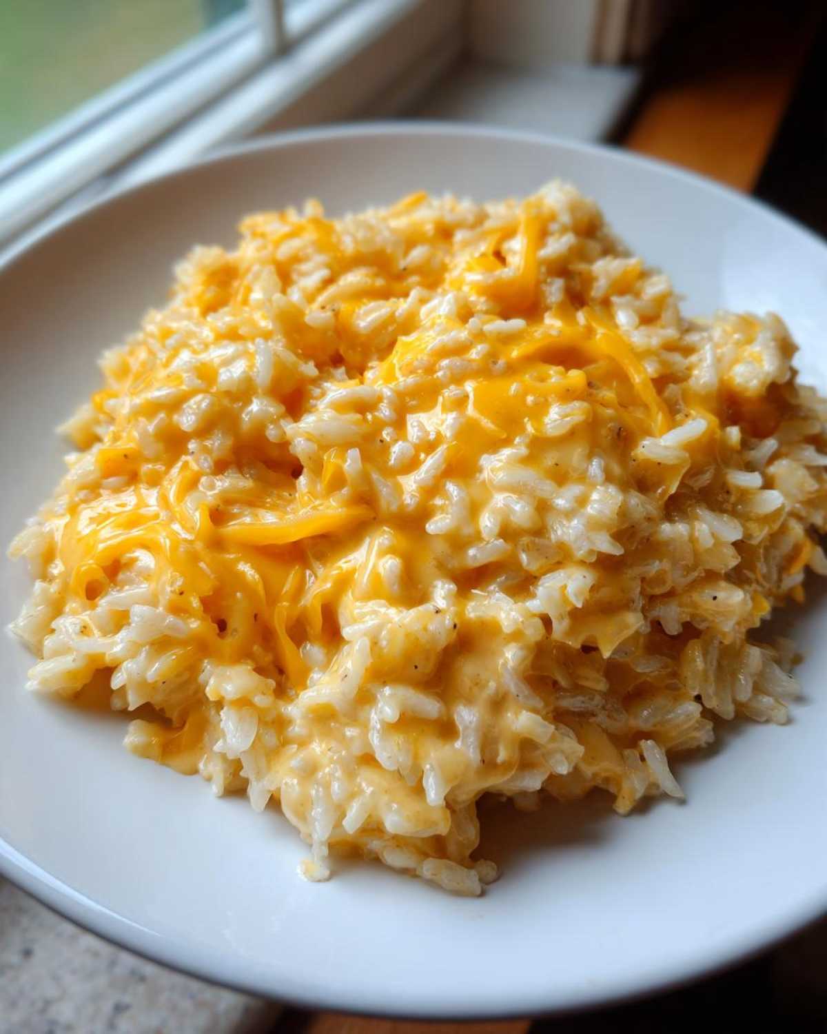 A close-up of a generous serving of amazing cheesy rice topped with melted cheddar cheese on a white plate.