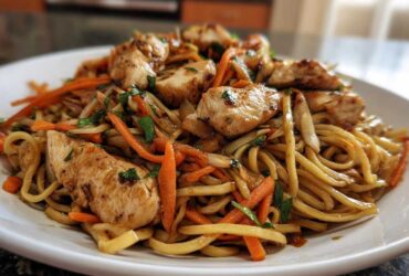 Close-up of a white plate filled with glistening chicken chow mein recipe, featuring thick noodles, sliced chicken breast, and julienned carrots.
