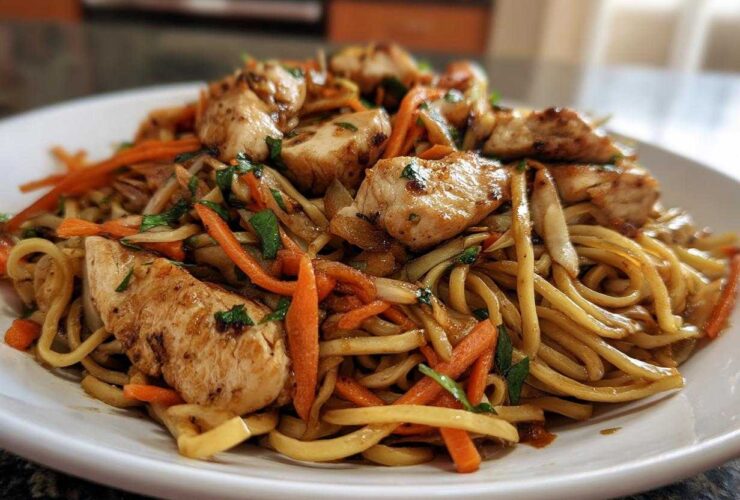 Close-up of a white plate filled with glistening chicken chow mein recipe, featuring thick noodles, sliced chicken breast, and julienned carrots.