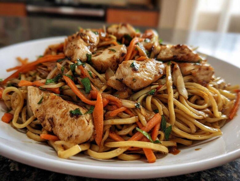 Close-up of a white plate filled with glistening chicken chow mein recipe, featuring thick noodles, sliced chicken breast, and julienned carrots.
