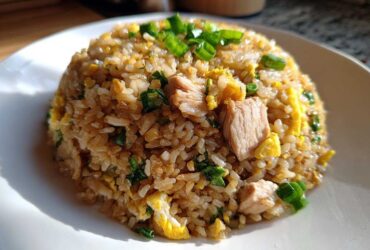 A mound of savory chicken fried rice with visible chunks of chicken, scrambled egg, and green onions on a white plate.