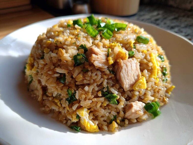 A mound of savory chicken fried rice with visible chunks of chicken, scrambled egg, and green onions on a white plate.
