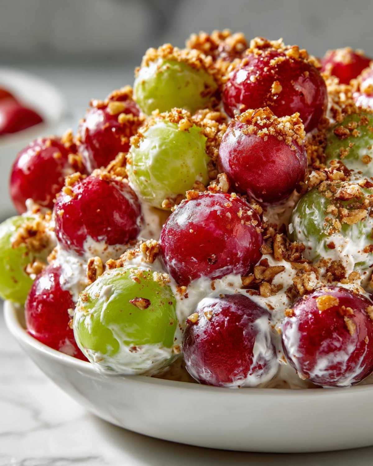 Close-up of creamy grape salad featuring red and green grapes coated in dressing and topped with chopped nuts, similar to chicken salad chick grape salad.
