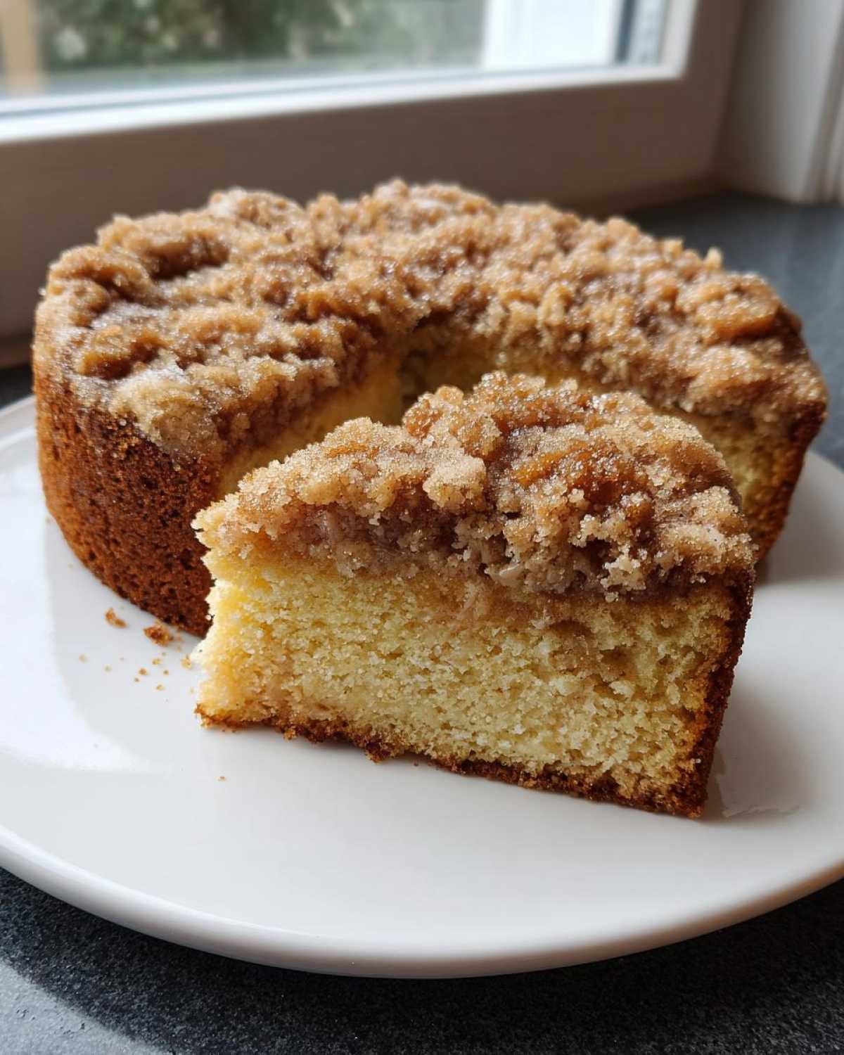 A slice of moist coffee cake with a thick, sugary cinnamon streusel topping, sitting next to the rest of the cake.