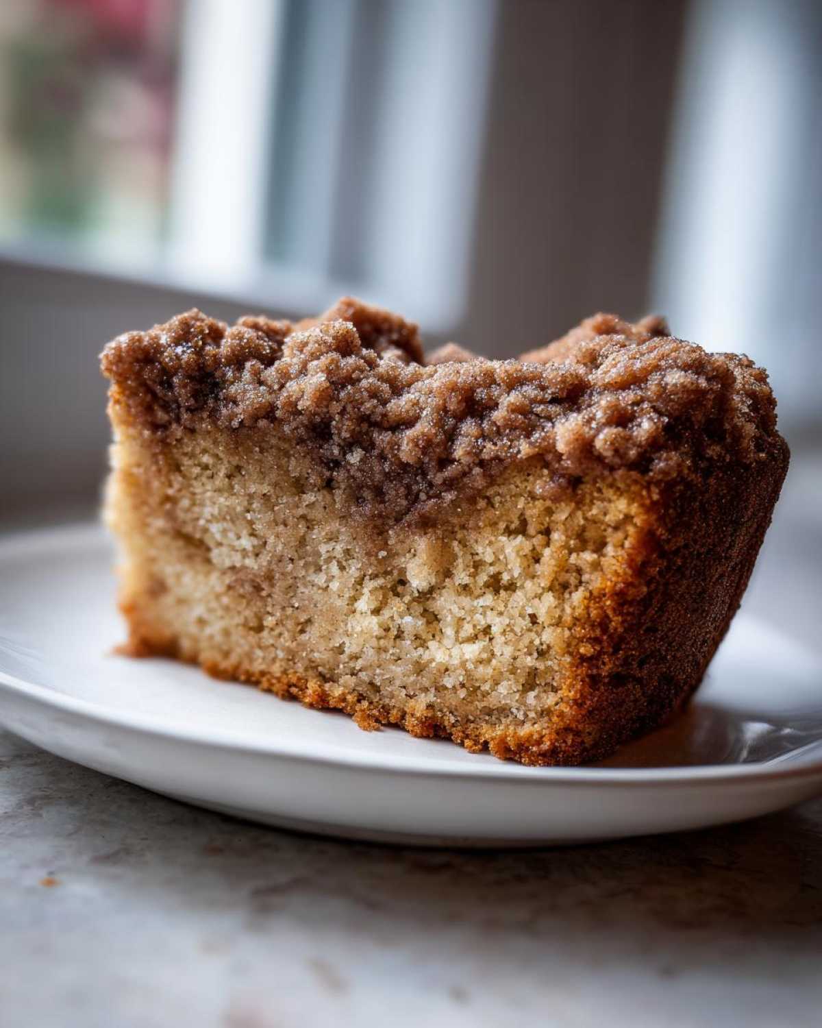 Close-up of a thick slice of amazing coffee cake featuring a moist crumb and a generous, crumbly streusel topping.