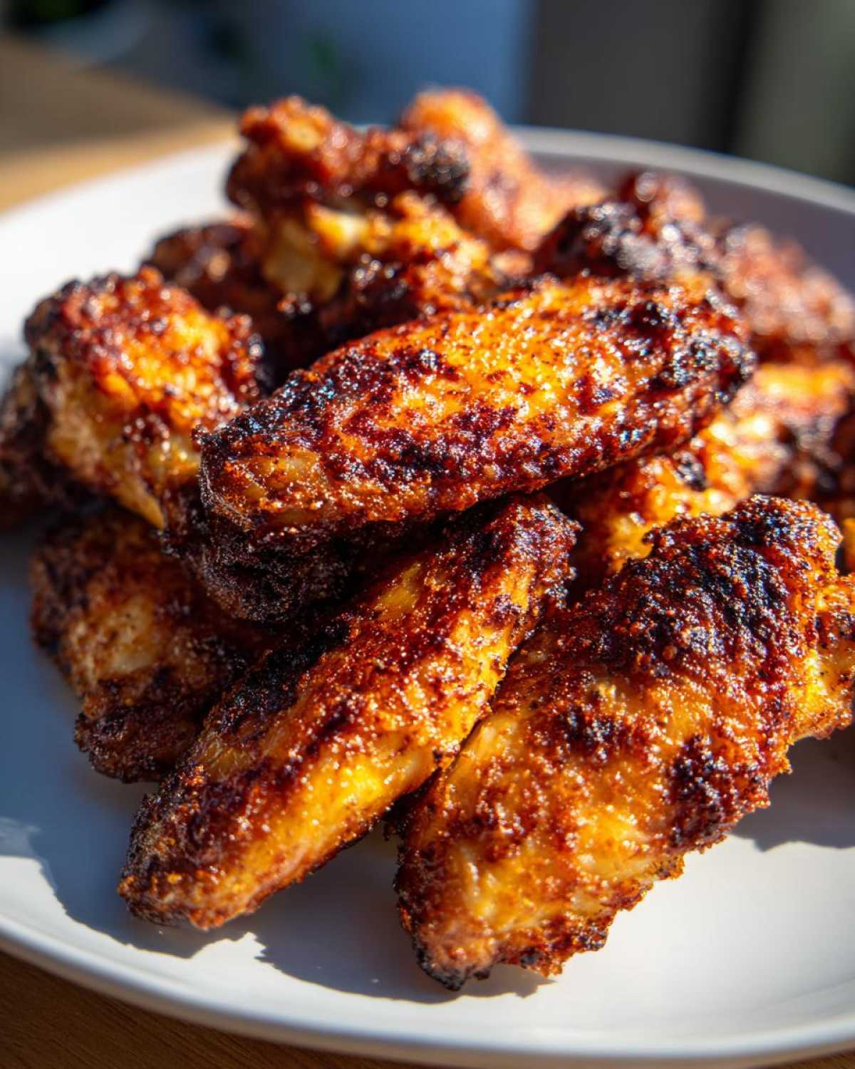 Close-up of a pile of perfectly crispy, dark-glazed chicken wings on a white plate.