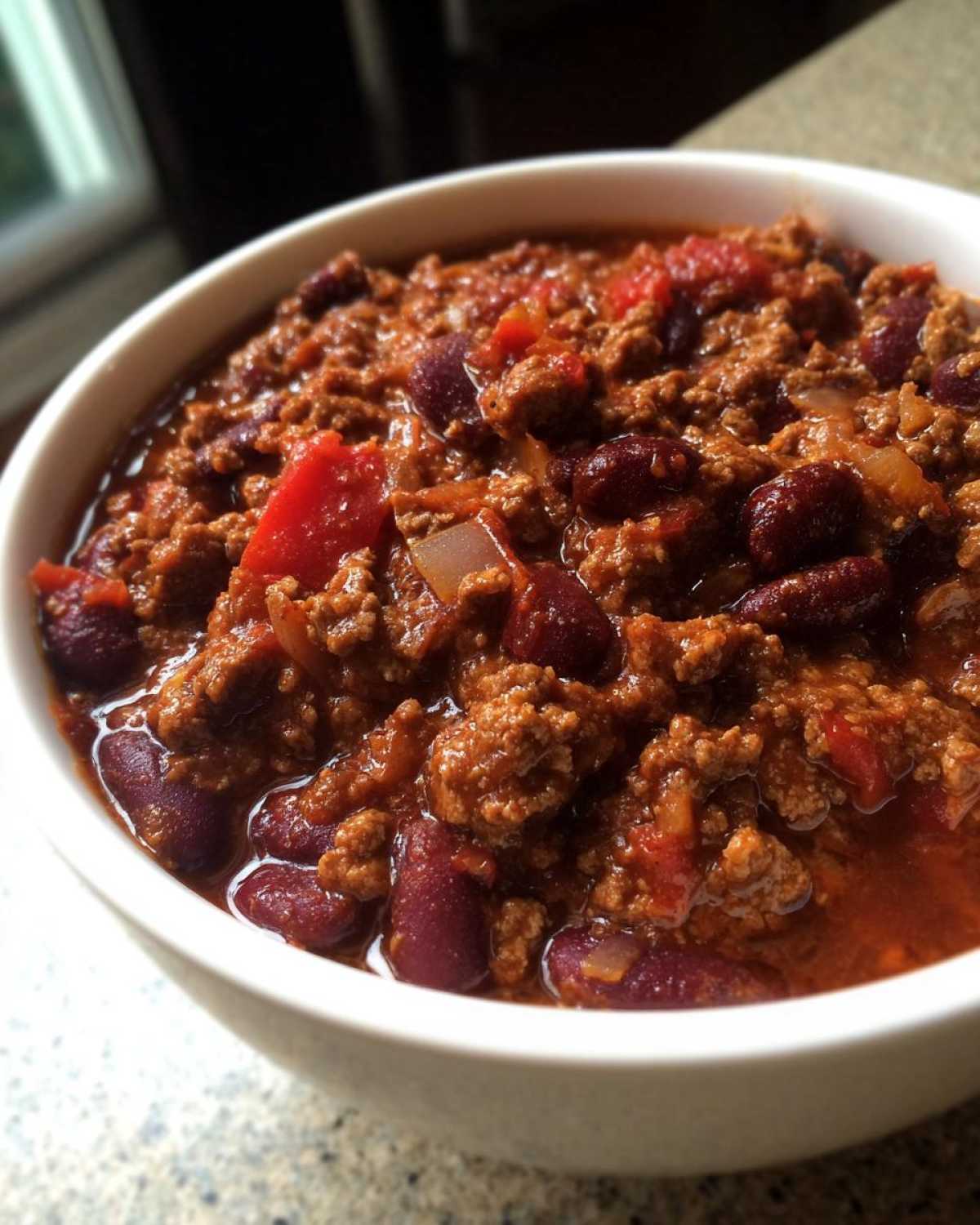 Close-up of a white bowl filled with rich, thick crockpot chili featuring ground beef and kidney beans.