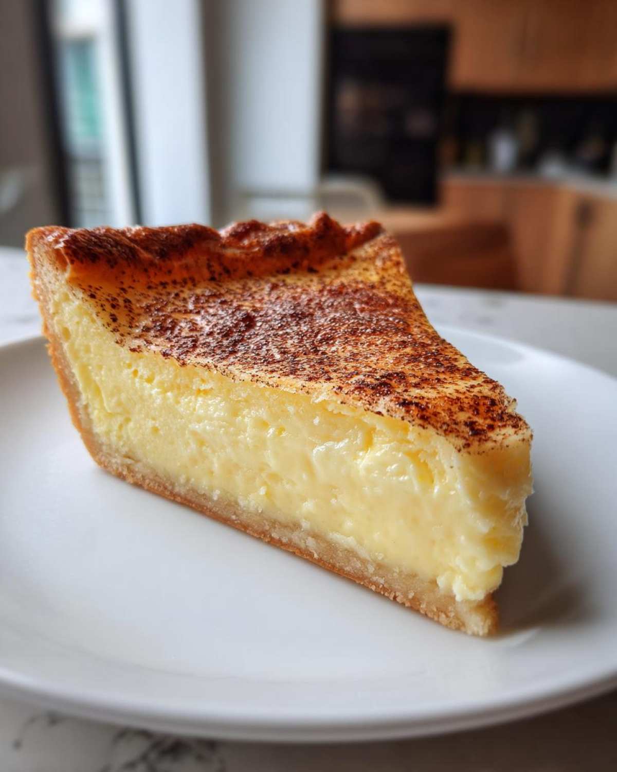 A perfect slice of creamy egg custard tart dusted with cinnamon on a white plate.