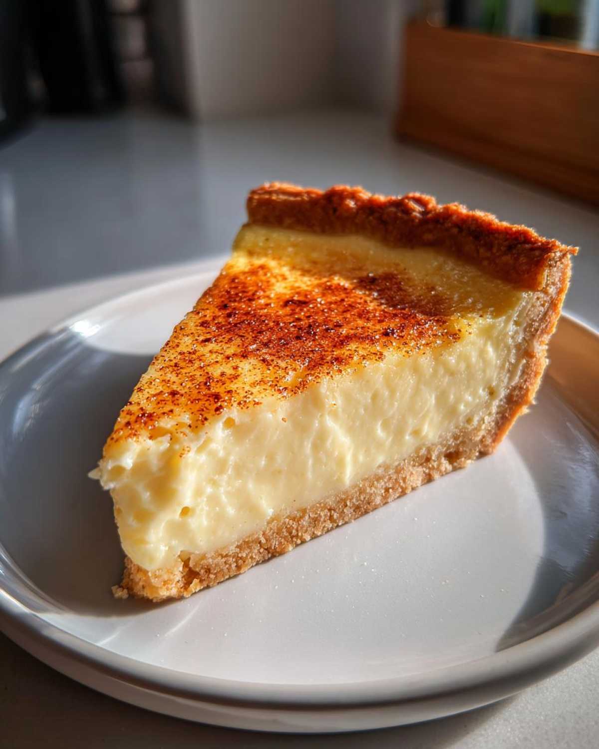 A perfect slice of creamy egg custard tart with a graham cracker crust, dusted with cinnamon.