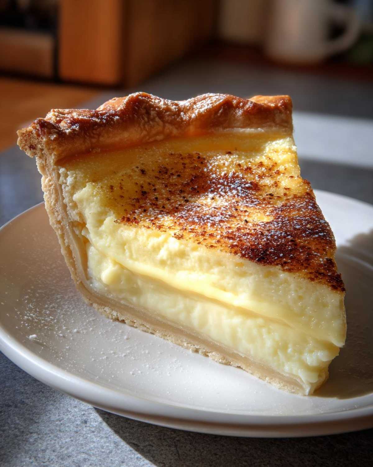 A close-up of a thick slice of egg custard tart on a white plate, featuring a rich, creamy filling and a browned, sprinkled top.