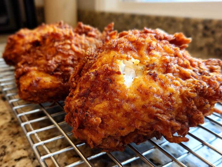 Close-up of two pieces of golden brown, extra-crispy fried chicken resting on a wire cooling rack.