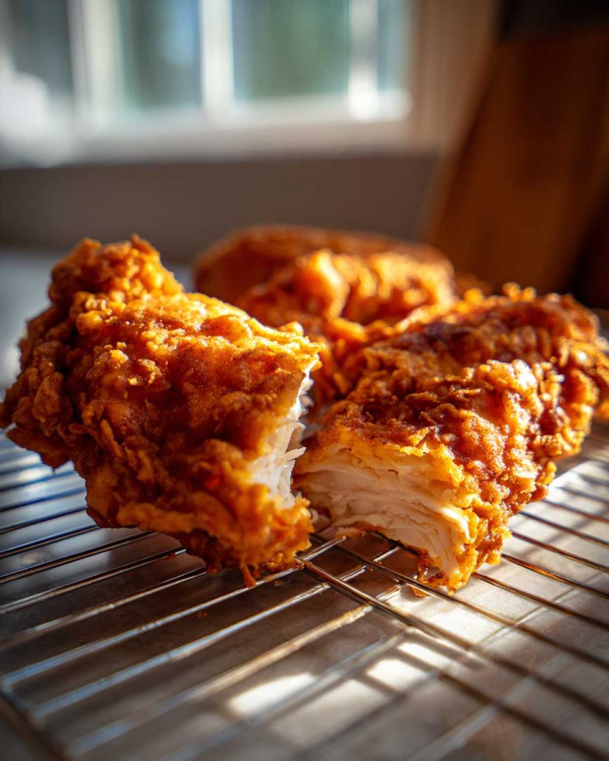 Close-up of perfectly crunchy fried chicken, broken open to show the juicy white meat inside.