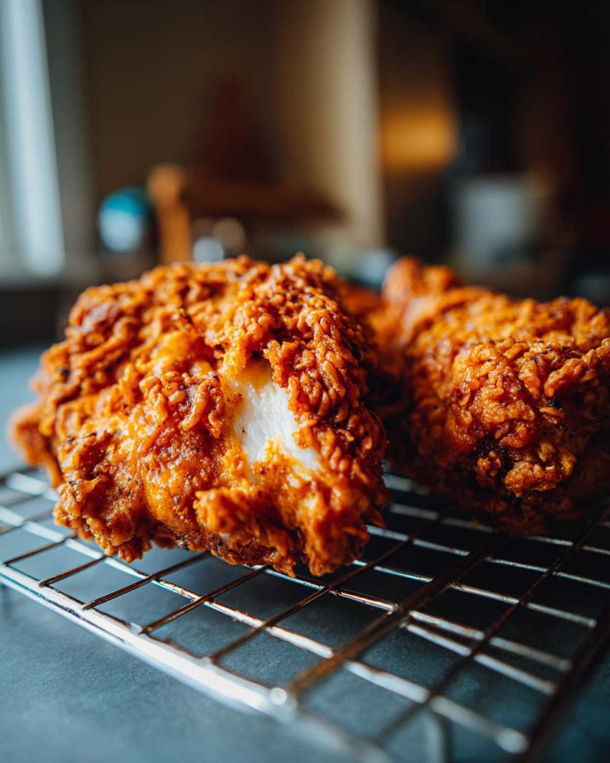 Close-up of perfectly crunchy, golden-brown fried chicken resting on a wire rack, showing the white meat inside.