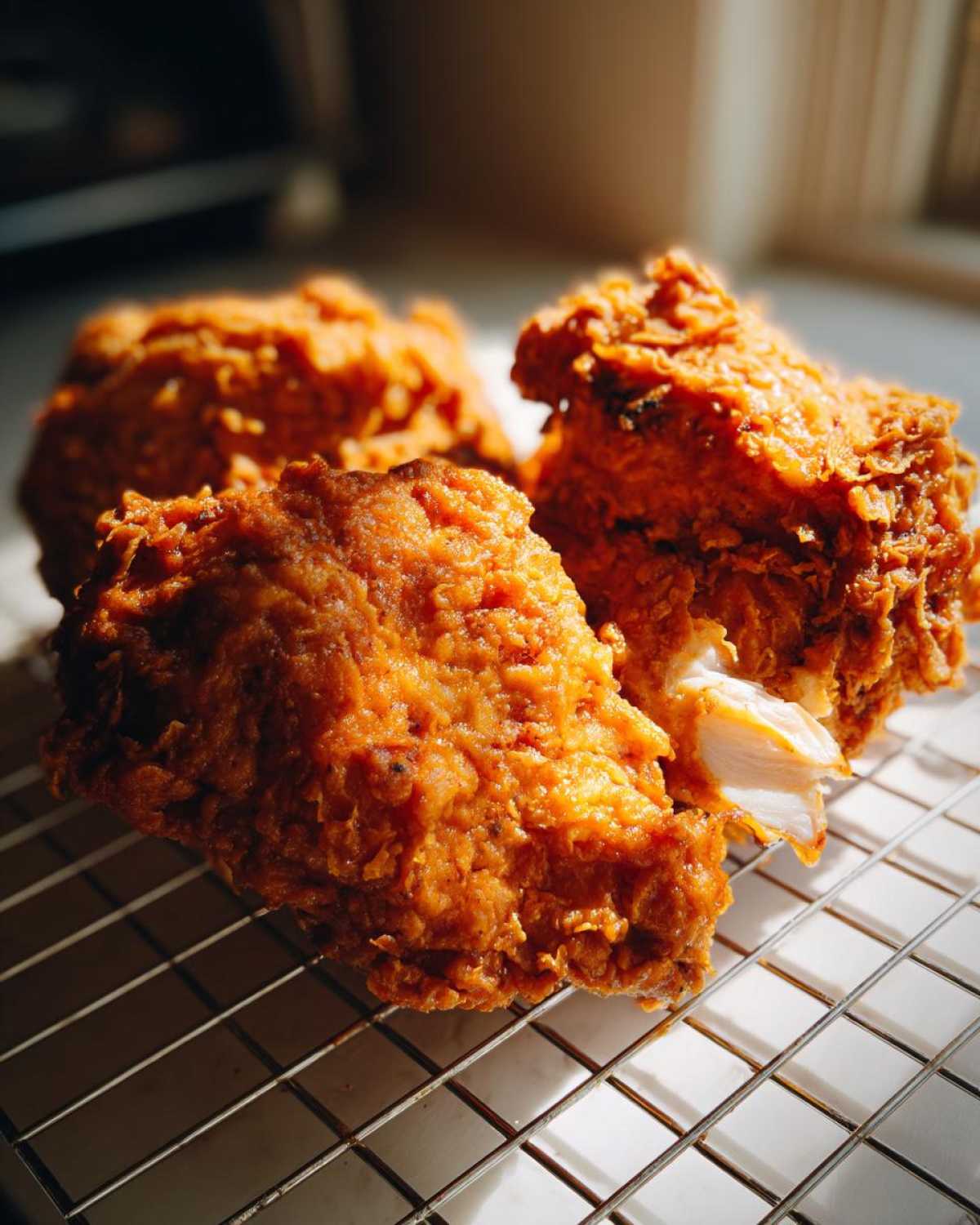 Three pieces of golden brown, crunchy fried chicken resting on a wire cooling rack.