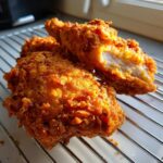 Close-up of golden brown, super crispy fried chicken pieces resting on a wire cooling rack, showing the texture.