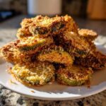 A tall stack of golden-brown, crispy Fried Pickles piled high on a small white plate.