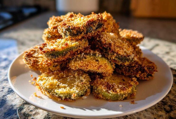 A tall stack of golden-brown, crispy Fried Pickles piled high on a small white plate.