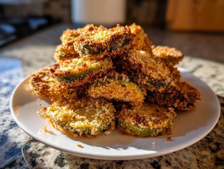 A tall stack of golden-brown, crispy Fried Pickles piled high on a small white plate.