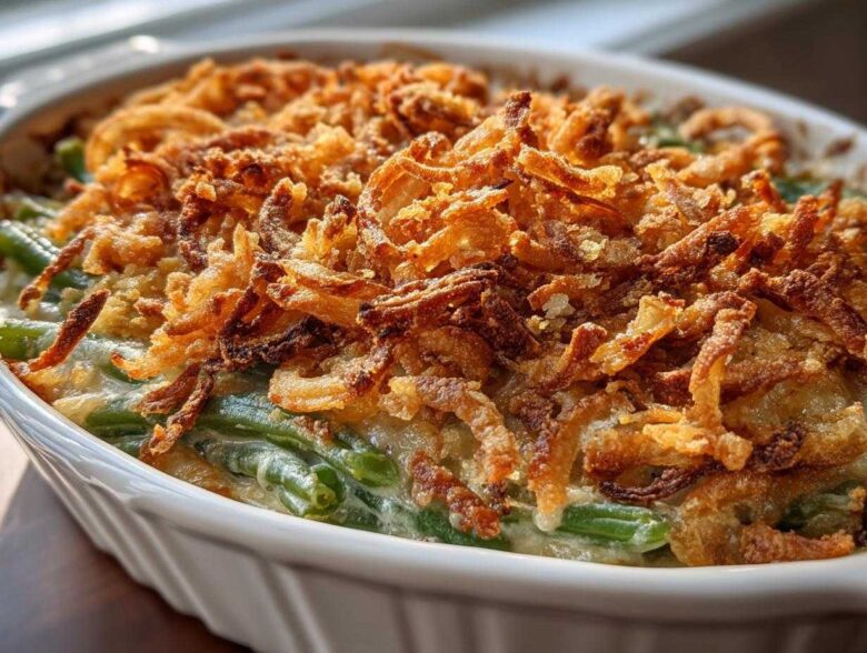 Close-up of a creamy green bean casserole topped generously with golden brown, crispy fried onions.