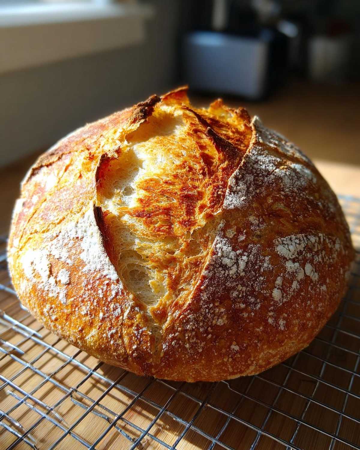 A rustic, round loaf of Italian bread with a deeply browned, cracked crust dusted with flour, cooling on a wire rack.