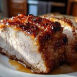 Close-up of a thick slice of amazing pork loin roast with a beautifully caramelized, dark brown crust.