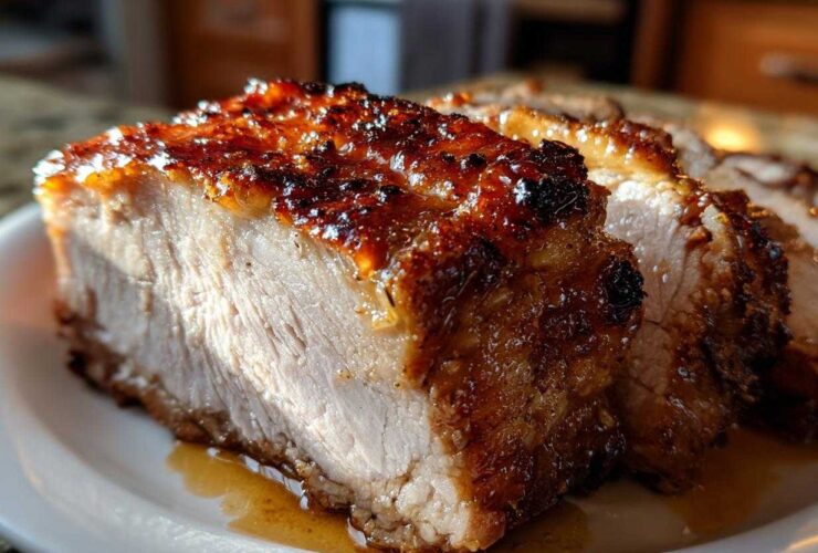Close-up of a thick slice of amazing pork loin roast with a beautifully caramelized, dark brown crust.
