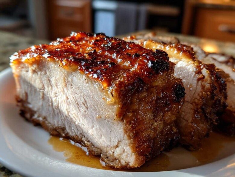 Close-up of a thick slice of amazing pork loin roast with a beautifully caramelized, dark brown crust.