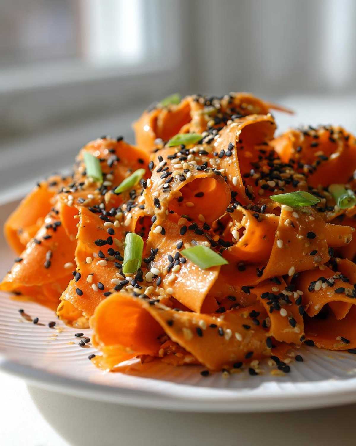 Close-up of vibrant raw carrot salad ribbons tossed in dressing and topped with black and white sesame seeds.