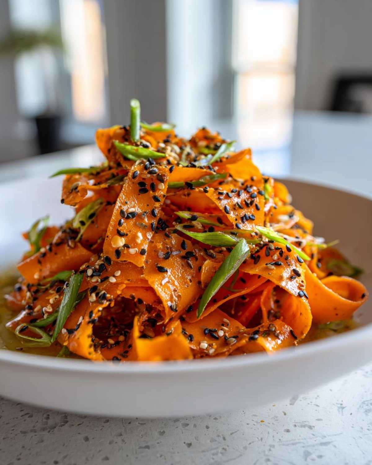 Close-up of a vibrant raw carrot salad made with shaved carrot ribbons, topped generously with black and white sesame seeds and sliced green onions.