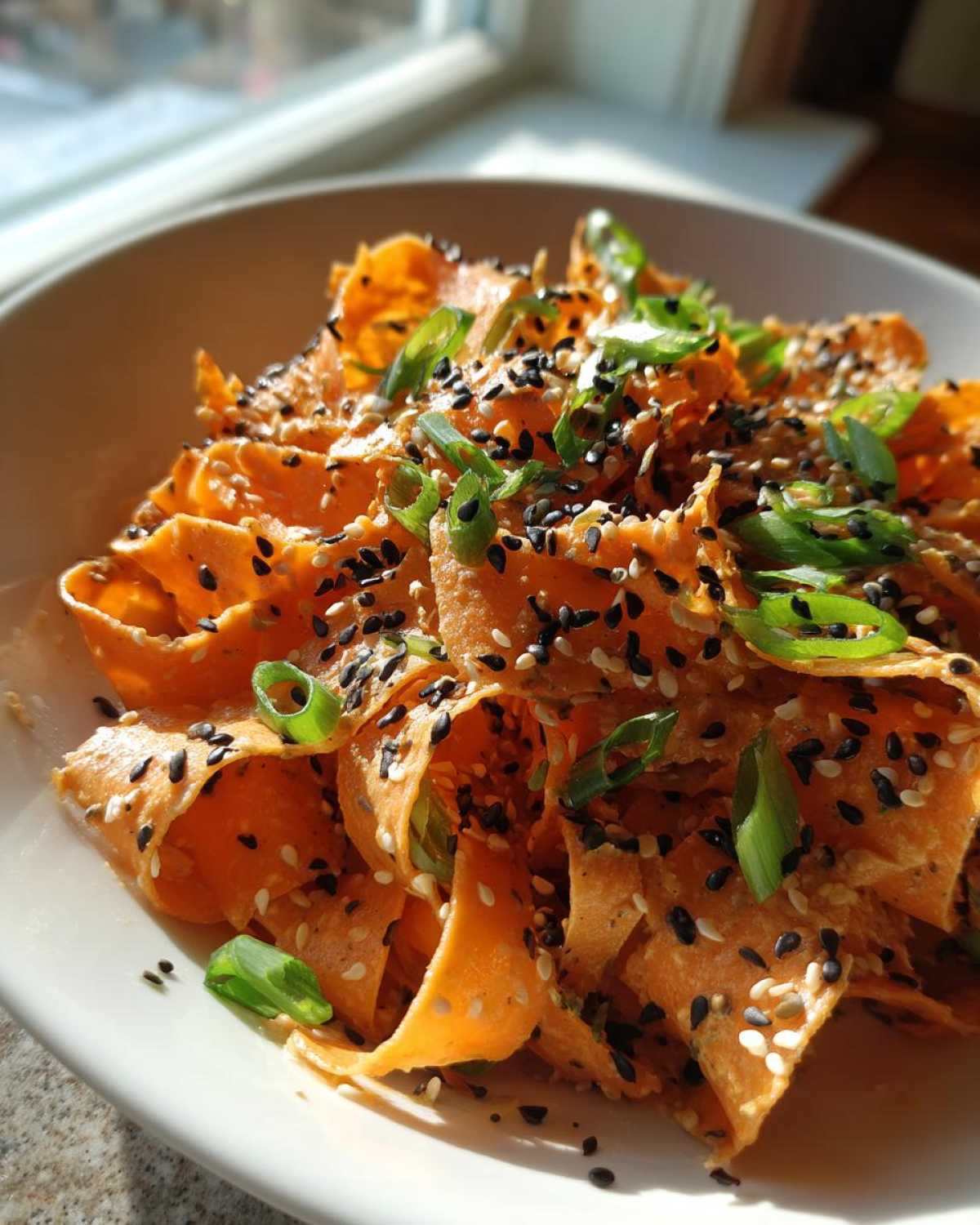 Close-up of a vibrant raw carrot salad made with shaved carrot ribbons, topped generously with black and white sesame seeds and sliced green onions.