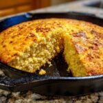 A golden brown, freshly baked skillet cornbread with one slice cut out, showing its crumbly texture.
