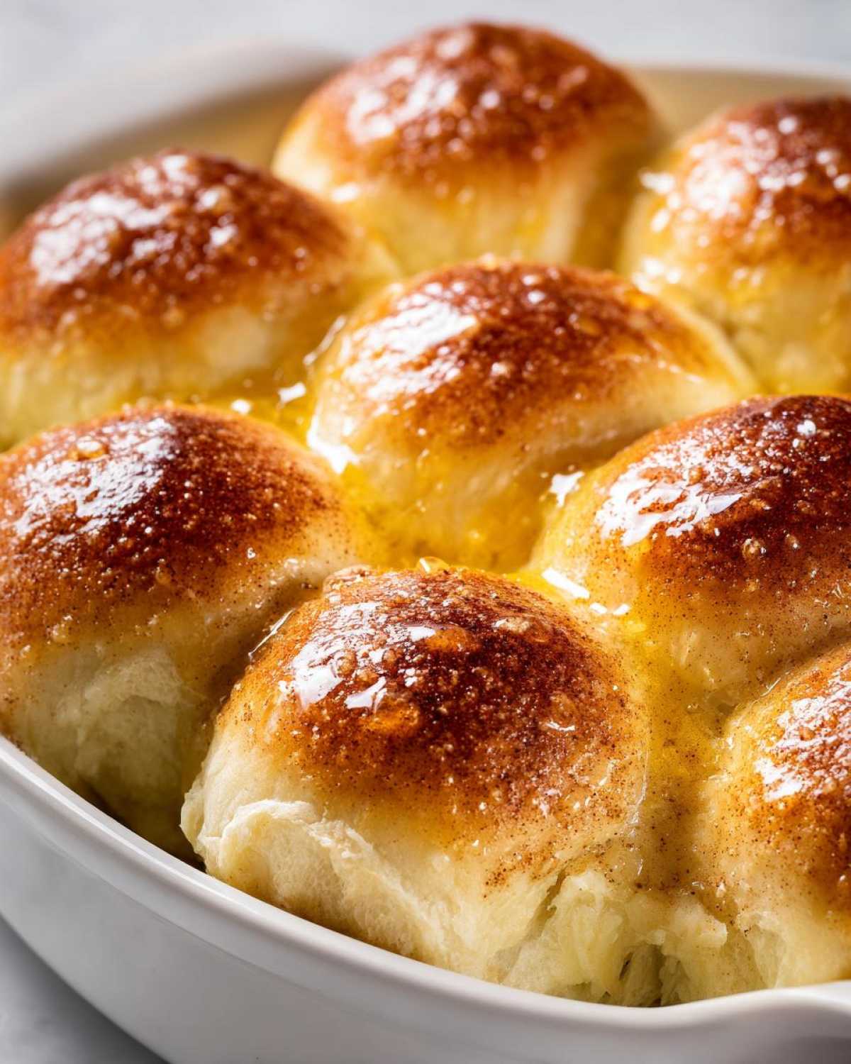 Close-up of soft dinner rolls baked together and drenched in melted butter and cinnamon sugar.