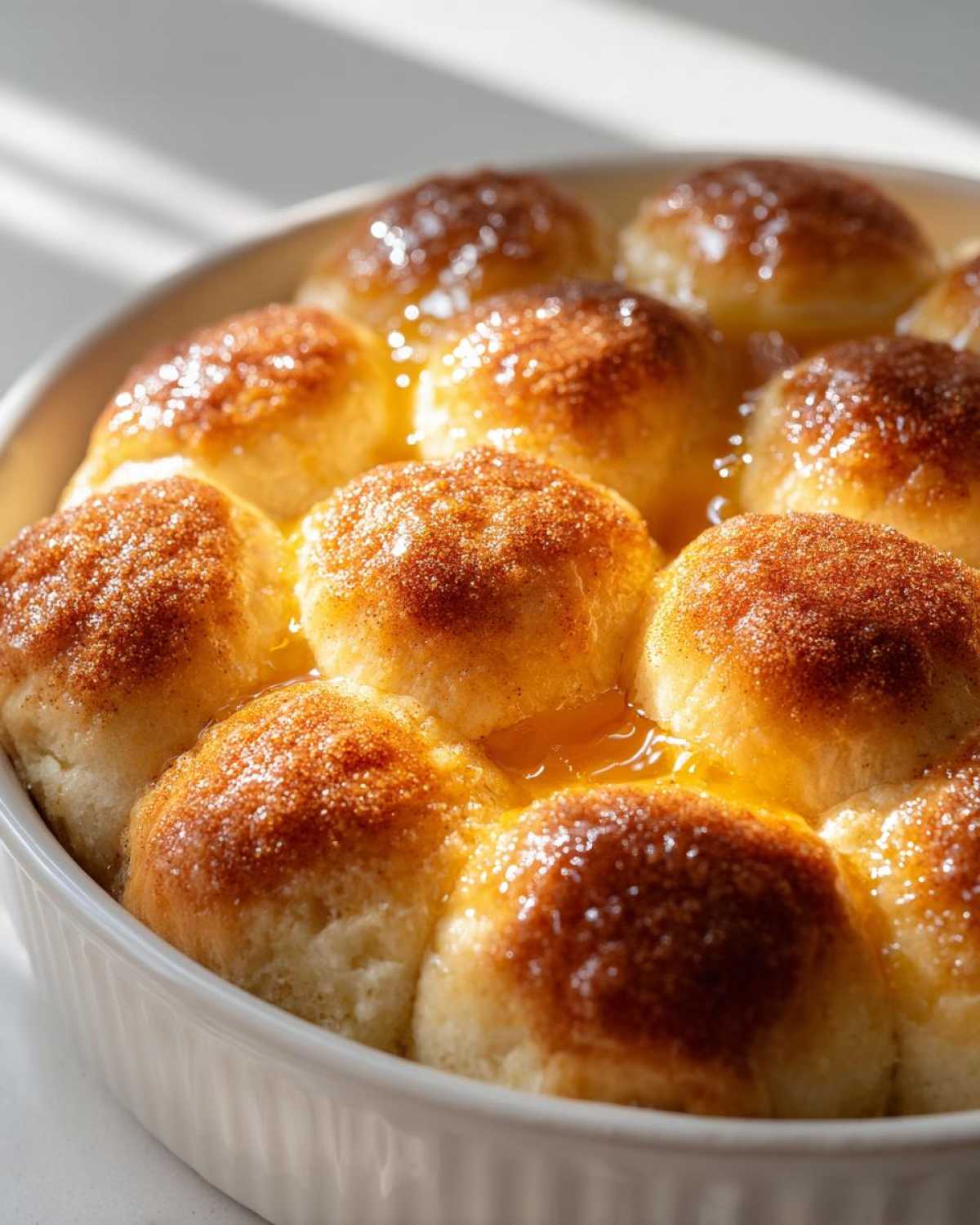 Close-up of warm, soft dinner rolls baked together in a white dish, topped with a shiny glaze and cinnamon sugar.