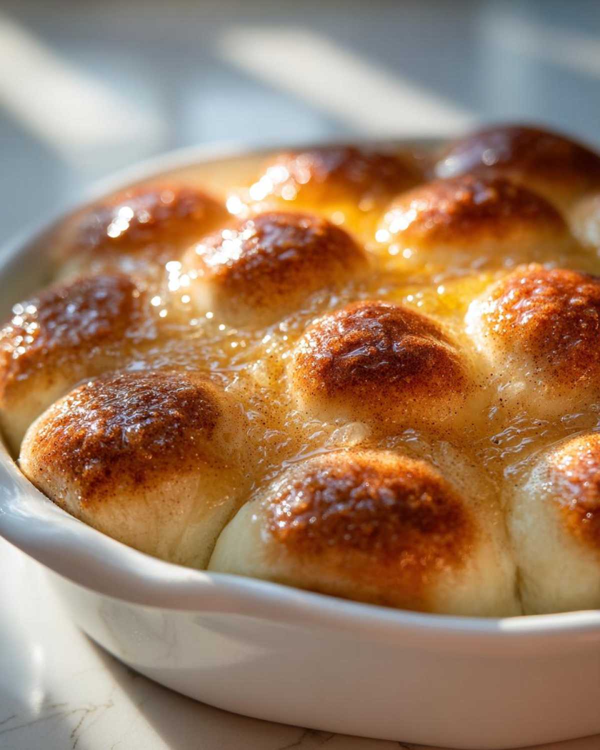 Close-up of golden brown soft dinner rolls soaking in melted butter in a white baking dish.