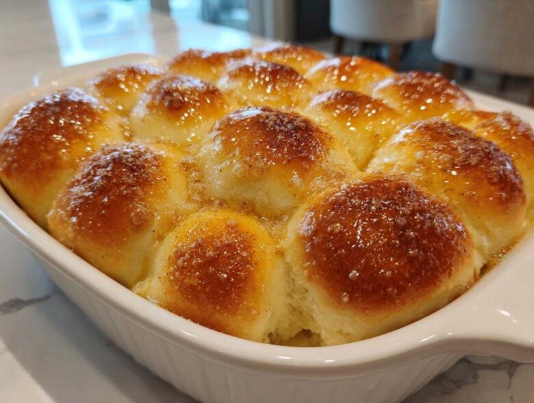 Close-up of freshly baked, soft dinner rolls glistening with a sweet, buttery glaze in a white baking dish.