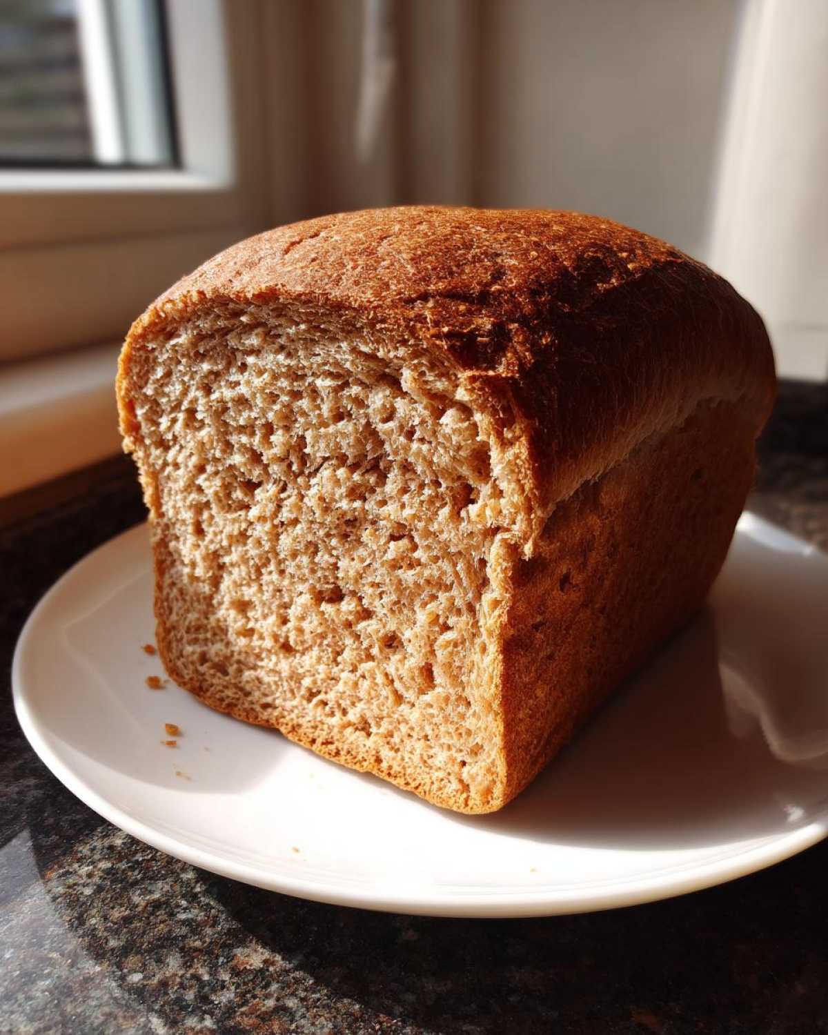 A freshly baked loaf of whole wheat bread, sliced to show the soft, airy crumb, resting on a white plate.