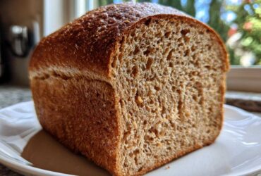 A close-up of a freshly baked loaf of whole wheat bread, showing its dark crust and open crumb structure.